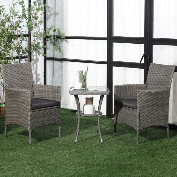 Outsunny Rattan Bistro Set, 2 Seater Outdoor Chair Table Set, Garden Furniture, Waterproof, Washable Cushions, Grey Aosom UK
