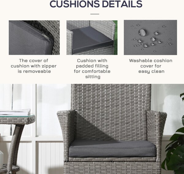 Outsunny Rattan Bistro Set, 2 Seater Outdoor Chair Table Set, Garden Furniture, Waterproof, Washable Cushions, Grey Aosom UK