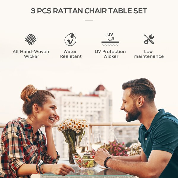 Outsunny Rattan Bistro Set, 2 Seater Outdoor Chair Table Set, Garden Furniture, Waterproof, Washable Cushions, Grey Aosom UK