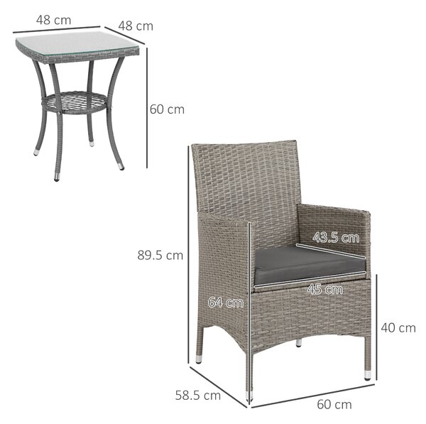 Outsunny Rattan Bistro Set, 2 Seater Outdoor Chair Table Set, Garden Furniture, Waterproof, Washable Cushions, Grey Aosom UK