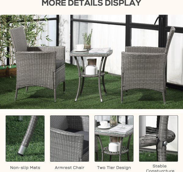 Outsunny Rattan Bistro Set, 2 Seater Outdoor Chair Table Set, Garden Furniture, Waterproof, Washable Cushions, Grey Aosom UK