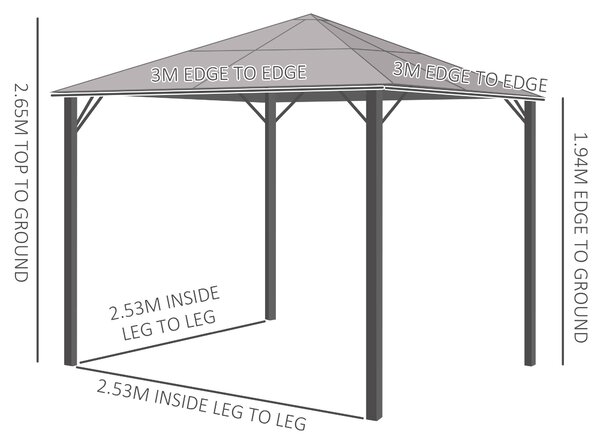 Outsunny 3x3m Aluminium Garden Gazebo with Hardtop Roof, Mesh Curtains & Side Walls, Patio Party Canopy Shelter, Grey Aosom UK