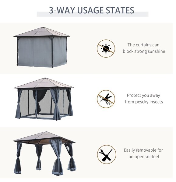 Outsunny 3x3m Aluminium Garden Gazebo with Hardtop Roof, Mesh Curtains & Side Walls, Patio Party Canopy Shelter, Grey Aosom UK