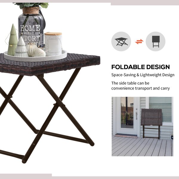 Outsunny Garden Small Folding Square Rattan Coffee Table Bistro Balcony Outdoor Wicker Weave Side Table 40H x 40L x 40Wcm Brown