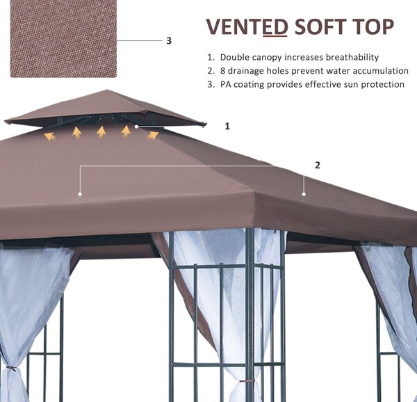 Outsunny 3 x 3(m) Patio Gazebo Canopy Garden Pavilion Tent Shelter with 2 Tier Roof and Mosquito Netting, Steel Frame, Coffee