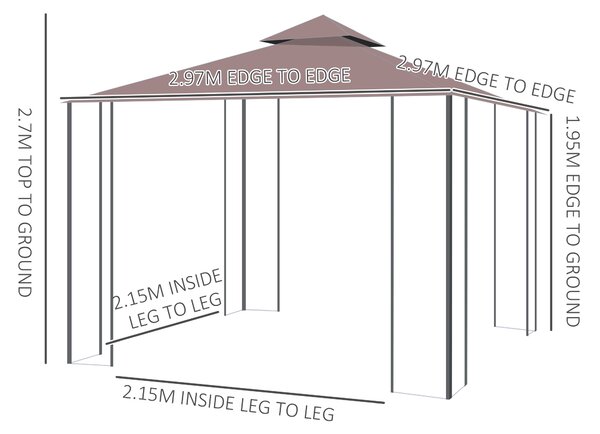 Outsunny 3 x 3(m) Patio Gazebo Canopy Garden Pavilion Tent Shelter with 2 Tier Roof and Mosquito Netting, Steel Frame, Coffee