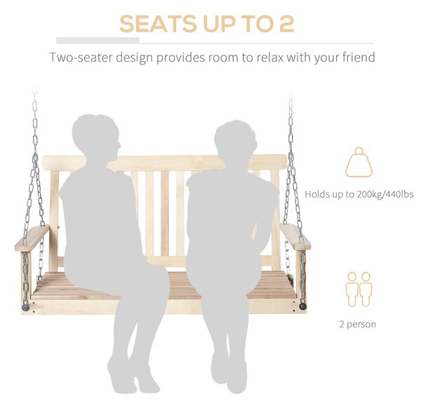 Outsunny 2-Seater Porch Swing Chair, Wooden Hanging Hammock with Chains, Garden Bench, Natural Finish