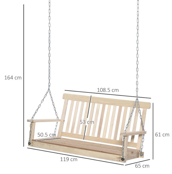 Outsunny 2-Seater Porch Swing Chair, Wooden Hanging Hammock with Chains, Garden Bench, Natural Finish