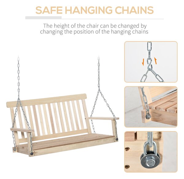 Outsunny 2-Seater Porch Swing Chair, Wooden Hanging Hammock with Chains, Garden Bench, Natural Finish