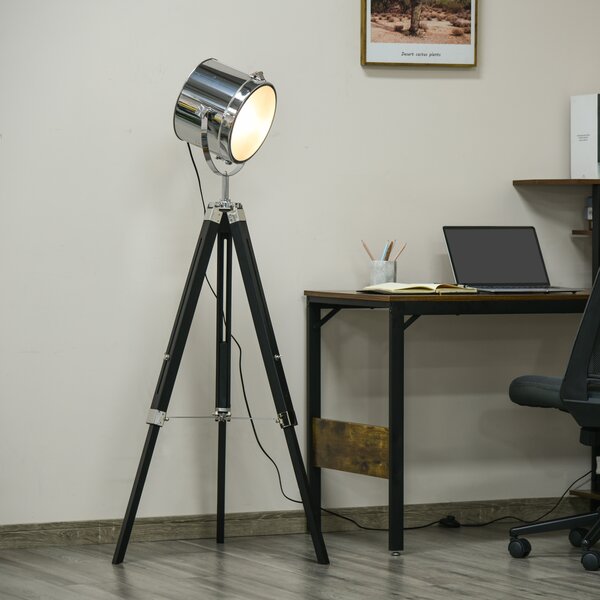 HOMCOM Industrial Style Adjustable Tripod Floor Lamp, Floor Lights with Wooden Legs and Steel Lampshade, Searchlight Lamp, Black Aosom UK