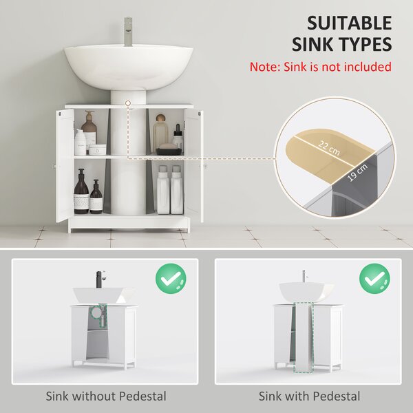 HOMCOM Under-Sink Vanity Unit: 2-Tier Bathroom Cabinet, Space-Saving Wooden Storage, Classic White Aosom UK