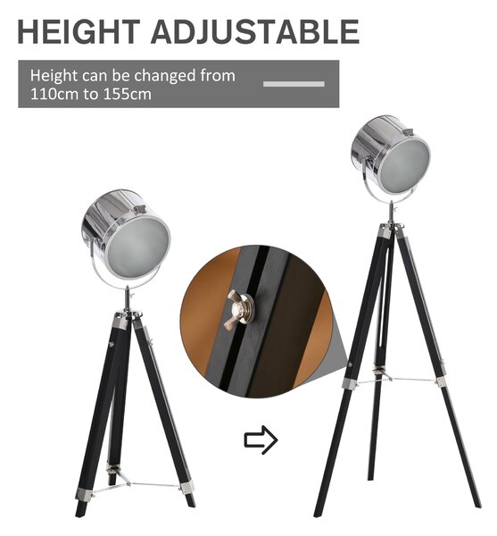 HOMCOM Industrial Style Adjustable Tripod Floor Lamp, Floor Lights with Wooden Legs and Steel Lampshade, Searchlight Lamp, Black Aosom UK