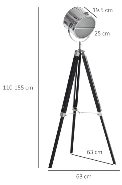 HOMCOM Industrial Style Adjustable Tripod Floor Lamp, Floor Lights with Wooden Legs and Steel Lampshade, Searchlight Lamp, Black Aosom UK