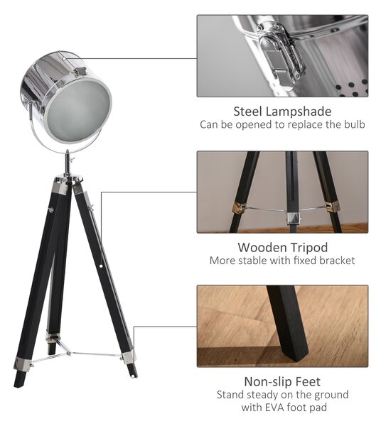 HOMCOM Industrial Style Adjustable Tripod Floor Lamp, Floor Lights with Wooden Legs and Steel Lampshade, Searchlight Lamp, Black Aosom UK