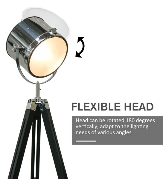 HOMCOM Industrial Style Adjustable Tripod Floor Lamp, Floor Lights with Wooden Legs and Steel Lampshade, Searchlight Lamp, Black Aosom UK