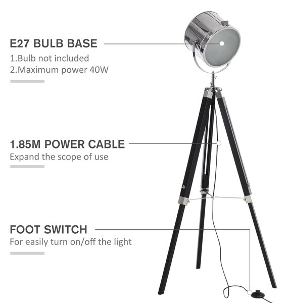 HOMCOM Industrial Style Adjustable Tripod Floor Lamp, Floor Lights with Wooden Legs and Steel Lampshade, Searchlight Lamp, Black Aosom UK