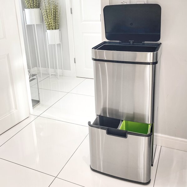 HOMCOM 72L Recycling Sensor Bin, Stainless Steel 3 Compartments for Both Wet or Dry Waste with Removable Lid Kitchen Home Aosom UK