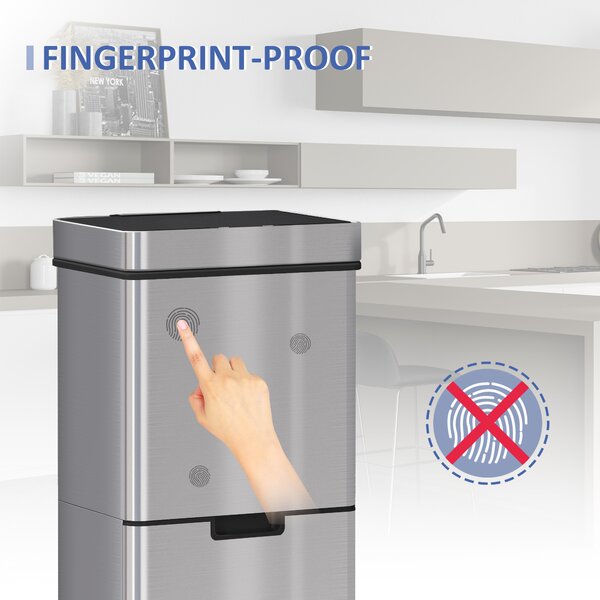 HOMCOM 72L Recycling Sensor Bin, Stainless Steel 3 Compartments for Both Wet or Dry Waste with Removable Lid Kitchen Home Aosom UK