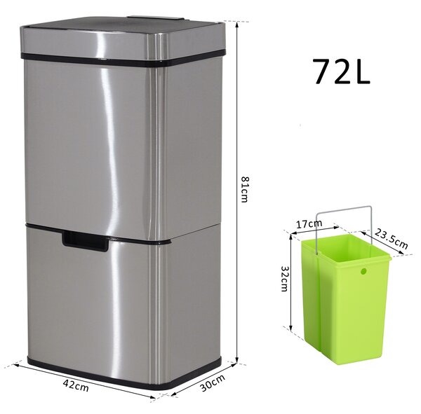 HOMCOM 72L Recycling Sensor Bin, Stainless Steel 3 Compartments for Both Wet or Dry Waste with Removable Lid Kitchen Home Aosom UK