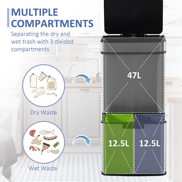 HOMCOM 72L Recycling Sensor Bin, Stainless Steel 3 Compartments for Both Wet or Dry Waste with Removable Lid Kitchen Home Aosom UK