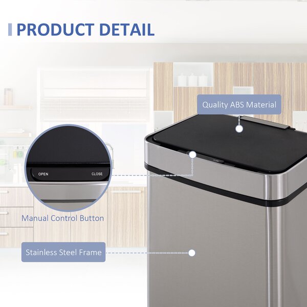 HOMCOM 72L Recycling Sensor Bin, Stainless Steel 3 Compartments for Both Wet or Dry Waste with Removable Lid Kitchen Home Aosom UK