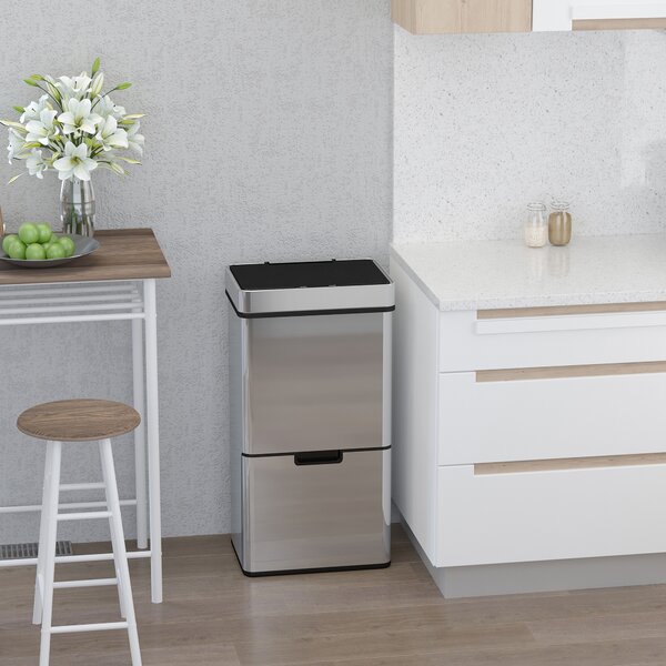 HOMCOM 72L Recycling Sensor Bin, Stainless Steel 3 Compartments for Both Wet or Dry Waste with Removable Lid Kitchen Home Aosom UK