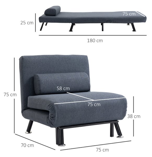 HOMCOM Single Sofa Bed Sleeper Chair, Foldable Fabric Guest Bed with Pillow, Space-Saving Lounge Couch, Dark Grey Aosom UK