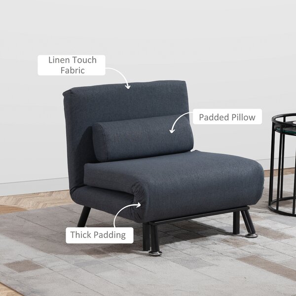 HOMCOM Single Sofa Bed Sleeper Chair, Foldable Fabric Guest Bed with Pillow, Space-Saving Lounge Couch, Dark Grey Aosom UK