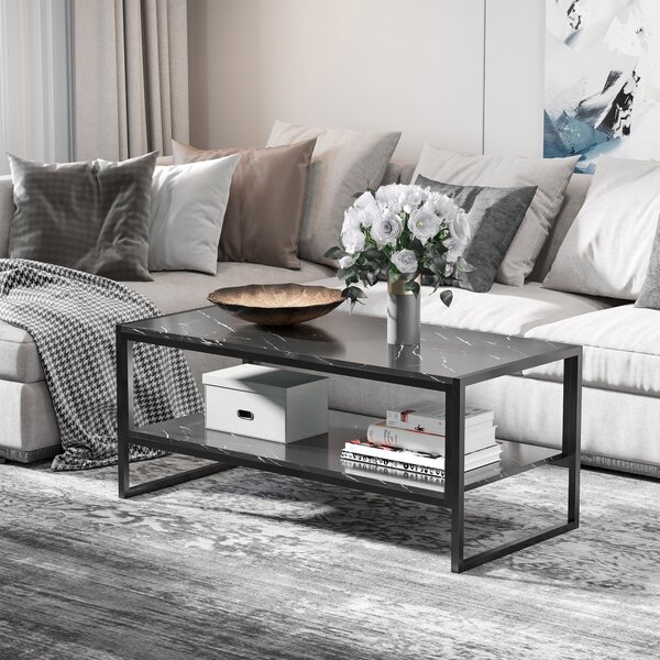 HOMCOM Elegant Two-Tier Coffee Table: Laminate Marble Print Top, Metal Frame, Foot Pads, 2 Shelves, Black Aosom UK