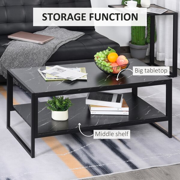 HOMCOM Elegant Two-Tier Coffee Table: Laminate Marble Print Top, Metal Frame, Foot Pads, 2 Shelves, Black Aosom UK