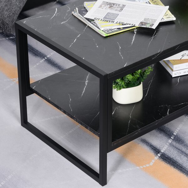 HOMCOM Elegant Two-Tier Coffee Table: Laminate Marble Print Top, Metal Frame, Foot Pads, 2 Shelves, Black Aosom UK