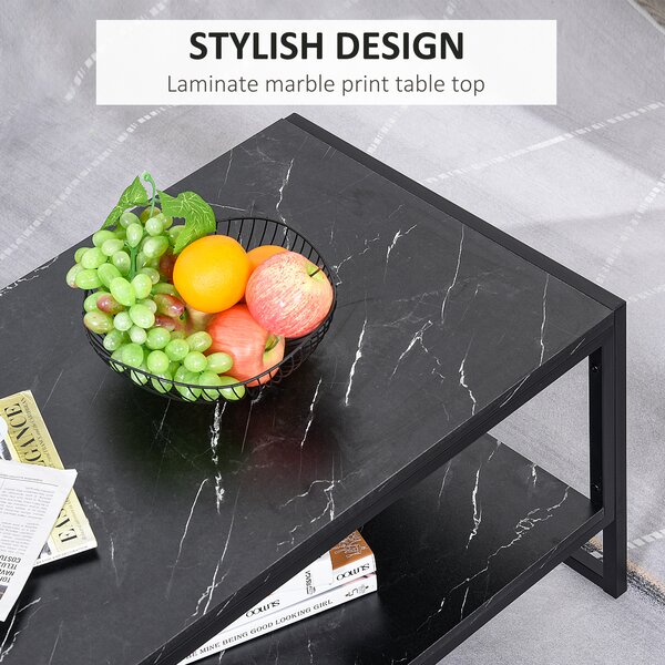 HOMCOM Elegant Two-Tier Coffee Table: Laminate Marble Print Top, Metal Frame, Foot Pads, 2 Shelves, Black Aosom UK