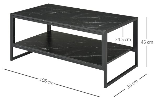 HOMCOM Elegant Two-Tier Coffee Table: Laminate Marble Print Top, Metal Frame, Foot Pads, 2 Shelves, Black Aosom UK
