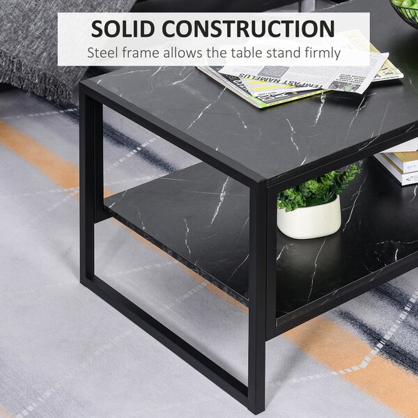 HOMCOM Elegant Two-Tier Coffee Table: Laminate Marble Print Top, Metal Frame, Foot Pads, 2 Shelves, Black Aosom UK