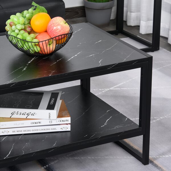 HOMCOM Elegant Two-Tier Coffee Table: Laminate Marble Print Top, Metal Frame, Foot Pads, 2 Shelves, Black Aosom UK