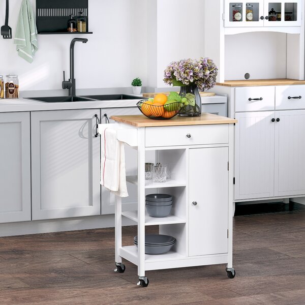 HOMCOM Kitchen Trolley with Wood Top, 3 Shelves, Drawer and Wheels, Compact Storage Unit, White Aosom UK