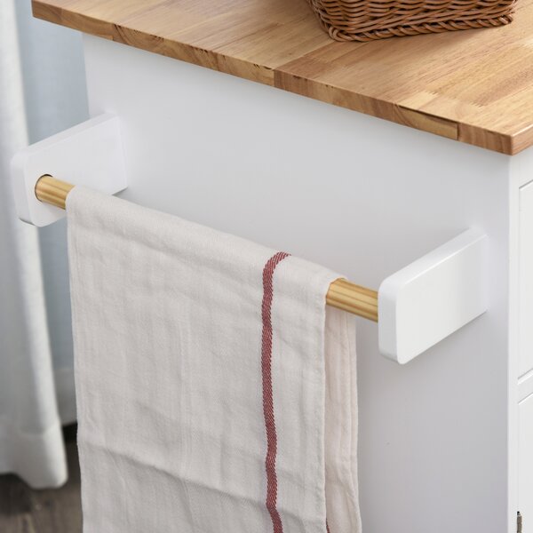 HOMCOM Kitchen Island Storage Cabinet Rolling Trolley with Rubber Wood Top, 3-Tier Spice Rack, Large Cabinet & Drawers
