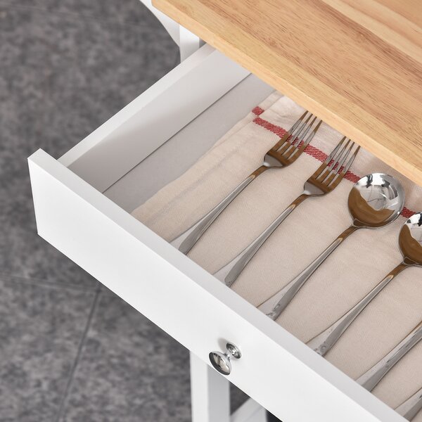 HOMCOM Kitchen Trolley with Wood Top, 3 Shelves, Drawer and Wheels, Compact Storage Unit, White Aosom UK