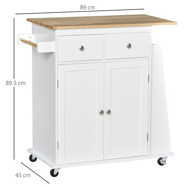 HOMCOM Kitchen Island Storage Cabinet Rolling Trolley with Rubber Wood Top, 3-Tier Spice Rack, Large Cabinet & Drawers