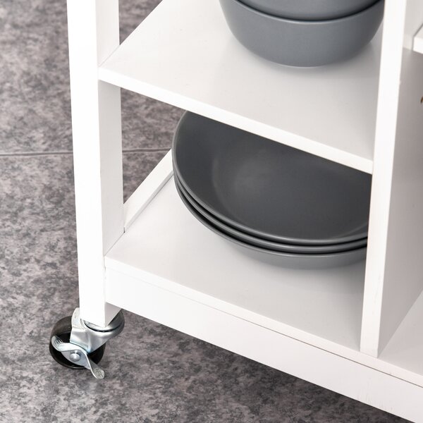 HOMCOM Kitchen Trolley with Wood Top, 3 Shelves, Drawer and Wheels, Compact Storage Unit, White Aosom UK