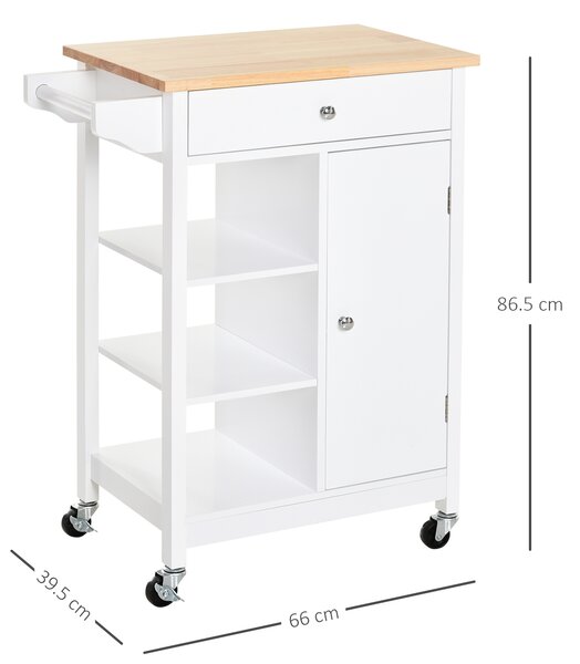 HOMCOM Kitchen Trolley with Wood Top, 3 Shelves, Drawer and Wheels, Compact Storage Unit, White Aosom UK