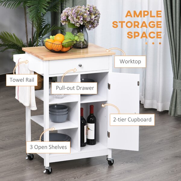 HOMCOM Kitchen Trolley with Wood Top, 3 Shelves, Drawer and Wheels, Compact Storage Unit, White Aosom UK