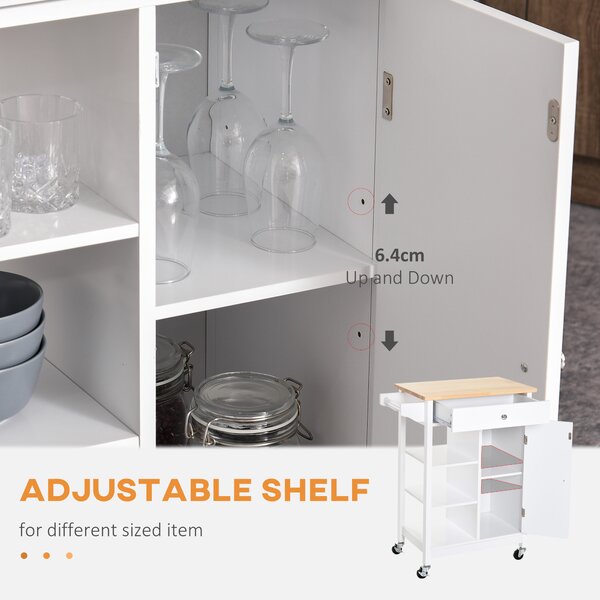 HOMCOM Kitchen Trolley with Wood Top, 3 Shelves, Drawer and Wheels, Compact Storage Unit, White Aosom UK