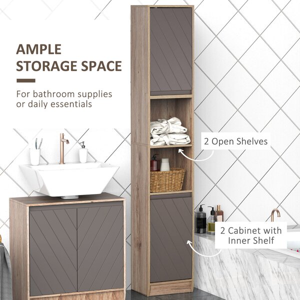 HOMCOM Tall Bathroom Cabinet, Freestanding Bathroom Storage Cabinet with 2 Cupboards 2 Compartments, Anti-Tipping Elevated Base, Grey and Oak Brown