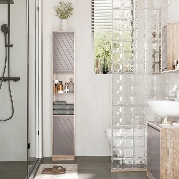 HOMCOM Tall Bathroom Cabinet, Freestanding Bathroom Storage Cabinet with 2 Cupboards 2 Compartments, Anti-Tipping Elevated Base, Grey and Oak Brown