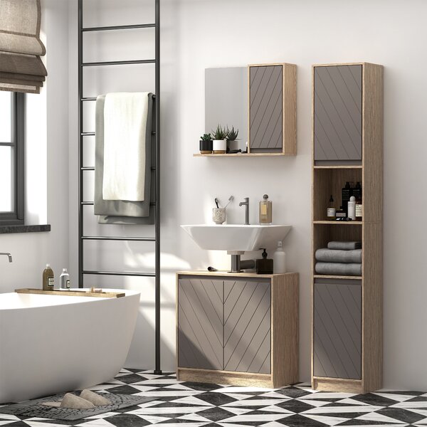HOMCOM Tall Bathroom Cabinet, Freestanding Bathroom Storage Cabinet with 2 Cupboards 2 Compartments, Anti-Tipping Elevated Base, Grey and Oak Brown