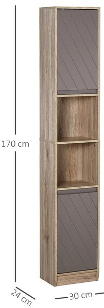 HOMCOM Tall Bathroom Cabinet, Freestanding Bathroom Storage Cabinet with 2 Cupboards 2 Compartments, Anti-Tipping Elevated Base, Grey and Oak Brown