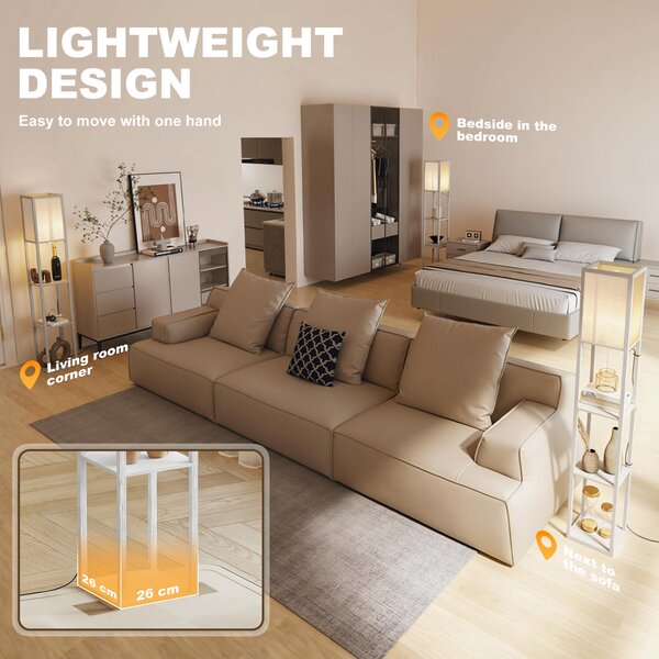HOMCOM Standing Lamp, Floor Lamp with 3-Tier Storage Shelf, Reading Standing Lamp for Living Room, Bedroom, White Aosom UK
