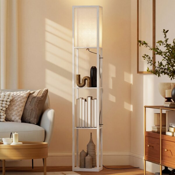 HOMCOM Standing Lamp, Floor Lamp with 3-Tier Storage Shelf, Reading Standing Lamp for Living Room, Bedroom, White Aosom UK