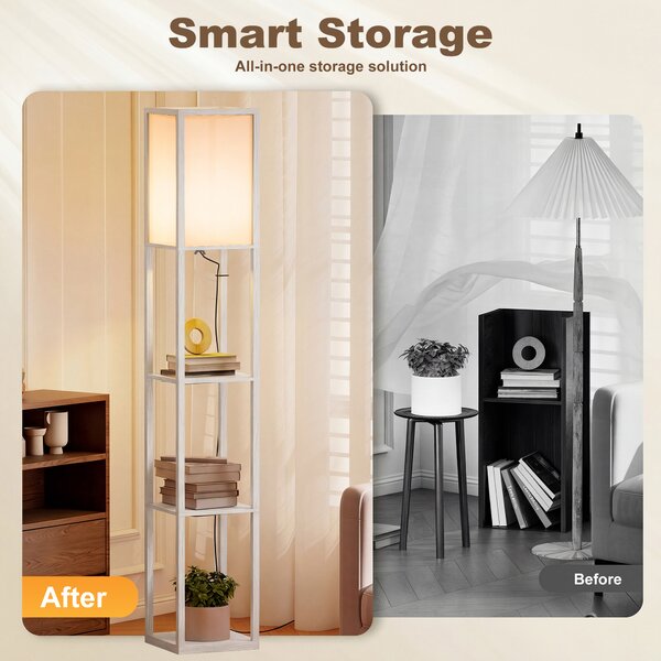 HOMCOM Standing Lamp, Floor Lamp with 3-Tier Storage Shelf, Reading Standing Lamp for Living Room, Bedroom, White Aosom UK